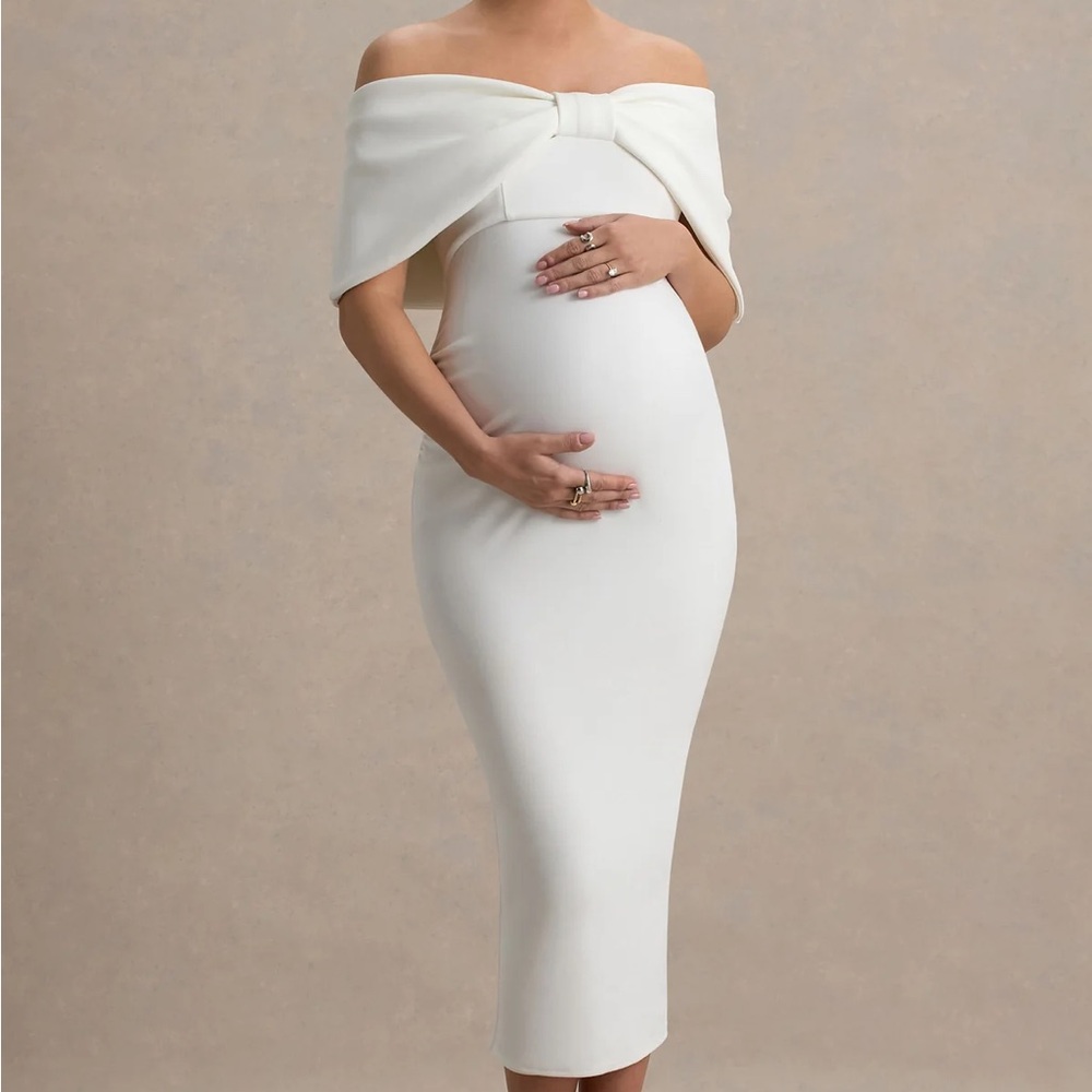 Club L white bow Bardot Elegant Off-Shoulder White Maternity Dress
